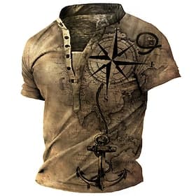 Herren T Shirt Henley Shirt Tee Graphic Anker Kompass Ständer Rosa Blau Grün Khaki 3D-Druck Übergröße Outdoor Täglich Kurzarm Button-Down Bedruckt Bekleidung D