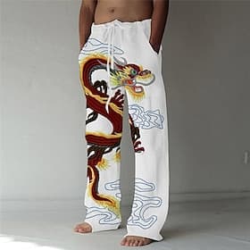 Men's Trousers Summer Pants Beach Pants Elastic Drawstring Design Front Pocket Straight Leg Dragon Graphic Prints Comfort Soft Casual Daily Fashion Big and Tal