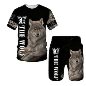 Boys 3D Animal Wolf T-shirt  Shorts Clothing Set Short Sleeve Summer Spring Sports Fashion Cool Kids 3-13 Years Outdoor Vacation Street Regular Fit