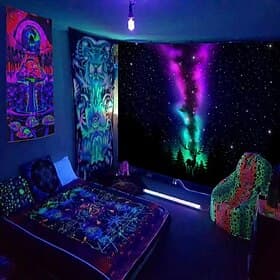 Blacklight Tapestry UV Reactive Glow in the Dark Glow Party Neon Psychedelic Trippy Misty Hanging Tapestry Wall Art Mural for Living Room Bedroom Star Lion