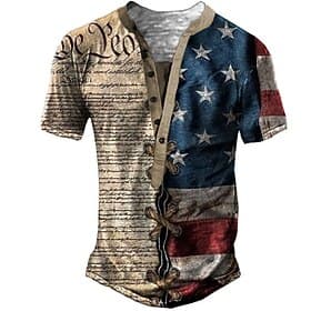 4th of July 2026 250th Memorial Day Men's Designer Graphic 3D Print American Flag Henley Short Sleeve T-Shirt Outdoor Daily Sports