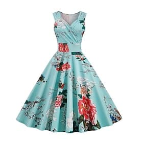 1950er Retro Vintage Rockabilly Knielang Kleid Swing-Kleid Ausgestelltes Kleid Normal Ärmellos Schmale Passform Blumen Tailliert und ausgestellt Schaukel V Aus