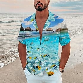 Men's Scenery Tropical Fish Shirt Summer Hawaiian Shirt Camp Collar Shirt Short Sleeve Shirt Turndown Fashion Hawaiian Designer Casual Outdoor Street Blue Blac