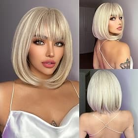 Blonde Bob Wig Platinum Blonde Bob Wig With Bangs 12 inch Short Platinum Blonde Wig With Black Root Synthetic Wigs for Daily Party ChristmasPartyWigs barbiec