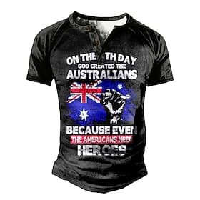 Men's Australian Pride Graphic Henley T-Shirt: God Created Australians, Americans Need Heroes Short Sleeve
