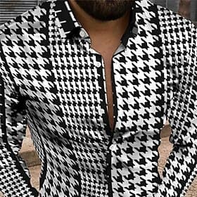 Men's Geometric Pattern Vintage Shirt Button Up Shirt Long Sleeve Fashion Designer Casual Daily Holiday Weekend Spring  Summer Turndown 3D Button-Down Black-Wh