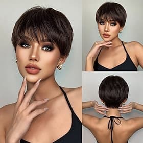 HAIRCUBE Short Straight Wigs Ombre Brown Synthetic Hair Wigs with Bangs for Black Women Daily Cosplay Heat Resistant Natural Hair Wigs ChristmasPartyWigs