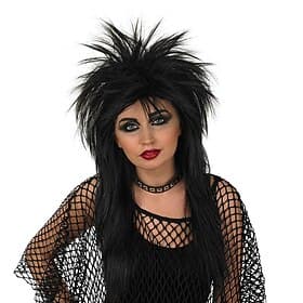 Perruques Emo pour Adultes Perruque Rock Noir des Années 80 Accessoire Cheveux Glam Rock Épineux Cheveux Raides Noirs Perruques d'Halloween