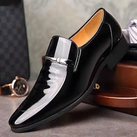 Men's Black Patent Leather Loafers with Metal Decoration for Formal and Casual Wear