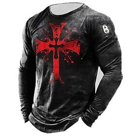 Men's Crusaders Bible Templar Cross Graphic Prints Cross T Shirt Distressed T Shirt Long Sleeve T shirt 3D Print Crew Neck Shirt Vintage Designer Lightweight O