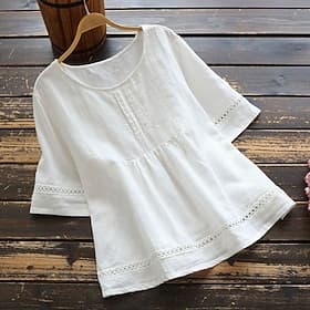 Women's Linen-feel Shirts Plus Size Tops Shirt Plain Half Sleeve Crewneck Streetwear Vacation Daily Polyester Spring Fall White Green