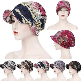 Women's Print Beanies Hat Female Autumn Winter Cotton Baseball Hats Ponytail Vintage Warm Turban Cap Visors Caps