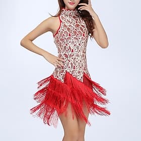 Vestido de dança latina franjas borla emenda paillette desempenho de treinamento feminino sem mangas alto poliéster