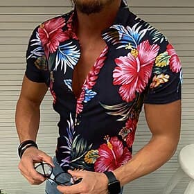 Hombre Floral Graphic Flores tropicales Camisa camisa hawaiana Manga Corta Camisa Cuello Vuelto Design Casual Exterior Fiesta Casual Azul Piscina Negro / Rojo