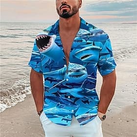Men's Animal Shark Tropical Shirt Summer Hawaiian Shirt Camp Collar Shirt Short Sleeve Shirt Turndown Fashion Designer Casual Casual Outdoor Street Blue Black