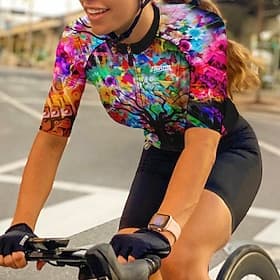 Damen Radtrikot Baum Kurzarm Fahhrad Trikot Oberteil mit 3 Gesäßtaschen Mountainbike MTB Straßenradsport Schnelltrocknend Reflektierende Streifen Rückentasche