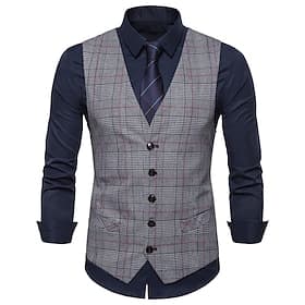 Men's Vest Waistcoat Wedding Work Business Daily Business Casual Winter Pocket Polyester Windproof Quick Dry Plaid / Check Single Breasted V Neck Regular Fit L