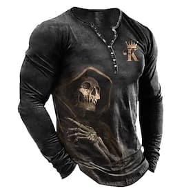 Men's T shirt Tee Henley Shirt Tee Graphic Skull Henley Black White Blue Green Gray 3D Print Plus Size Outdoor Daily Long Sleeve Button-Down Print Clothing App