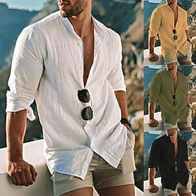 Homme Chemise Chemise en lin Chemise à col officier Chemise d'été Tenue de plage Chemise Boutonnée Couleur Unie Extérieur Vacances Noir Blanche Jaune Vert Clai