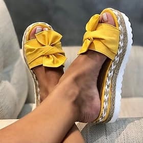 Yellow Women's Platform Sandals with Bow Detail and Woven Espadrille Sole for Stylish Summer Wear