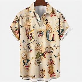 Men's Mermaid Shirt Summer Hawaiian Shirt Aloha Shirt Short Sleeves Shirt Turndown Vintage Fashion Designer Outdoor Street Casual Black White Yellow 3D Print S