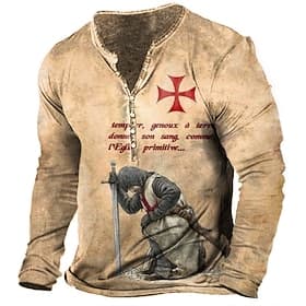 Men's T shirt Tee Henley Shirt Tee Graphic Templar Cross Soldier Henley Light Green Red Blue Green Khaki 3D Print Plus Size Outdoor Daily Long Sleeve Button-Do