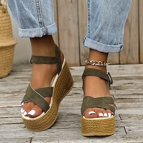 Espadrille-Keilsandalen für Damen – olivgrüne Wildleder-Plateau-Riemchen-Sommerschuhe mit Schnallenverschluss, lässiger Strand- und Urlaubsstil