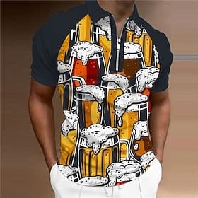 Oktoberfest Men's Polo Shirt Golf Shirt Beer Turndown Yellow 3D Print Outdoor Street Short Sleeves Zipper Print Clothing Apparel Fashion Designer Casual Breath