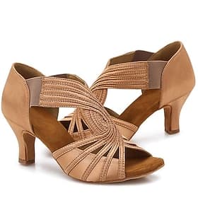 Women's Tan Strappy Latin Dance Shoes – Peep-Toe High Heel Ballroom Sandals with Elastic Straps for Salsa, Tango  Performance