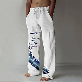 Men's Trousers Summer Pants Beach Pants Drawstring Pocket Elastic Waist Feather Lightweight Outdoor Full Length Casual Daily Casual Trousers White Navy Blue Mi
