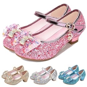 Girls' Glitter Princess Party Shoes – Sparkling Mary Jane Dress Shoes with Bow and Rhinestone Details, Perfect for Weddings and Special Occasions