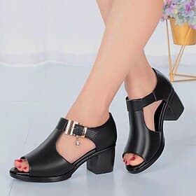 Women's Open-Toe Chunky Heel Sandals - Elegant Black Faux Leather Shoes with Decorative Buckle for Summer Parties or Formal Occasions
