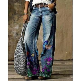 Women's Normal Jeans Bell Bottom Flared Pants Pants Trousers 3D Print Full Length Mid Waist Flower / Floral Side Pockets Wide Leg Print Comfort High Elasticity
