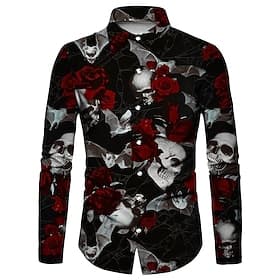 Men's Floral Skull Sunflower Shirt Long Sleeve Fashion Designer Casual Street Casual Fall Winter Turndown Print Button-Down Black and Red Wine Black White Yel