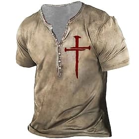 Hombre Camiseta Henley Shirt camisa de la vendimia Vintage Design Básico Camisa Cruz Templaria Cruz Manga Corta Camisa Negro Caqui Gris Exterior Diario Deporte