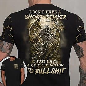 Mens Short Sleeve Graphic T-Shirt - Reaper Lightning Design with Edgy Quote: 'No Short Temper, Just Quick Reaction to Bullshit'