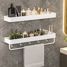 Shower Caddy Bathroom Shelves Wall Mounted White Storage Organizer Rack Bathroom Kitchen Bathroom Hardware Pendant Bathroom Shelf Space Aluminum Shower Rack Co