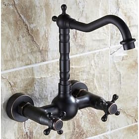 Retro Style Utility Sink Black Laundry Faucet, Wall Mount High Arc Two Handles Two Holes Wash Basin Tap with Hot and Cold Water Hoses, Laundry Tub Pot Filler C