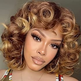 Short Curly Wigs for Black Women Soft Brown Blonde Big Curly Wig with Bangs Afro Kinky Curls Heat Resistant Daily Synthetic Wig for African American Women