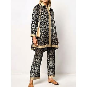 Women's 2 Pieces Elegant Vintage Fashion Shirt Blouse Pants Sets Pants Trousers Long Sleeve Shirt Collar Graphic Print Casual Daily Dark Navy Green Clover Fall