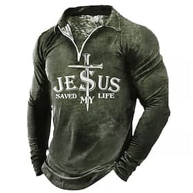 Men's Jesus Christian Zip Polo Shirts Golf Shirt Long Sleeve Polo Shirts Collared Shirts Vintage Casual Vacation Wear Festival Wear Party Outfits 3D Print Quar