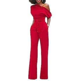 Dames Normaal Jumpsuit Elegant Effen Kleur Halve mouw Eén-schouder Zak Hoge taille Bruiloft Feest Normale pasvorm Zwart Wit Geel Herfst