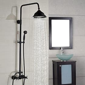 Vintage Shower System Faucet Combo Set Ceramic Mixer Valve, 8 inch Brass Rainfall Shower Head Showerhead with Handheld Spray, Antique Wall Mounted Tub and Show