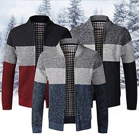 Men's Cardigan Sweater Fleece Sweater Ribbed Knit Zipper Knitted Color Block Standing Collar Warm Ups Modern Contemporary Daily Wear Going out Clothing Apparel