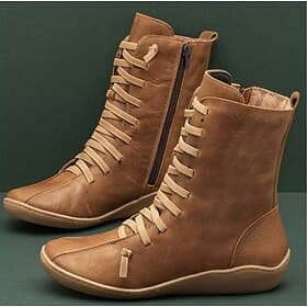 Women's Casual Flat Lace-Up Boots with Side Zipper – Soft Faux Leather Mid-Calf Shoes for Walking, Travel, and Fall Outfits
