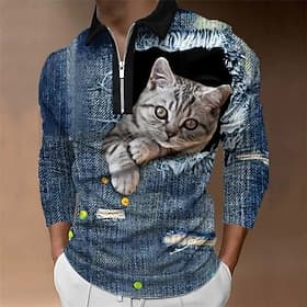 Men's Cat Zip Polo Shirts Golf Shirt Long Sleeve Polo Shirts Collared Shirts Casual Funny Streetwear Vacation Wear Party Outfits 3D Print Quarter Zip Polo Blac