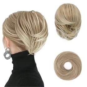 Hair Bun Ponytail Extension Straight Synthetic Hairpiece Fully Short Ponytail Bun Extensions Hair Accessories Elastic Easy Scrunchie for Women Light Golden Bro