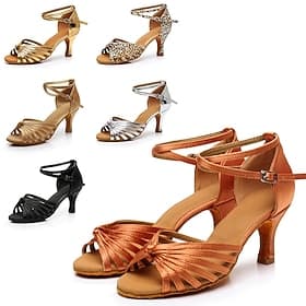 Women's Satin Latin Dance Shoes - Open-Toe High Heel Sandals with Ankle Straps for Salsa, Ballroom, and Tango
