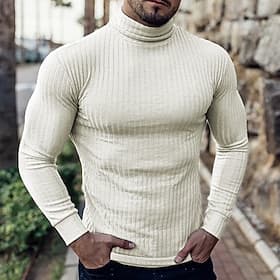 Men's T Shirt Turtleneck shirt Muscle Shirt Ribbed Knit tee Long Sleeve Rolled collar Fall  Winter Plain Lightweight Classic Casual Casual Outdoor Sports Black