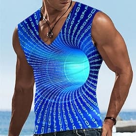 Men's Graphic Optical Illusion Vest Top Sleeveless T shirt 3D Print V Neck Shirt Designer Casual Comfortable Daily Vacation Going out Blue Red Orange Spring  S